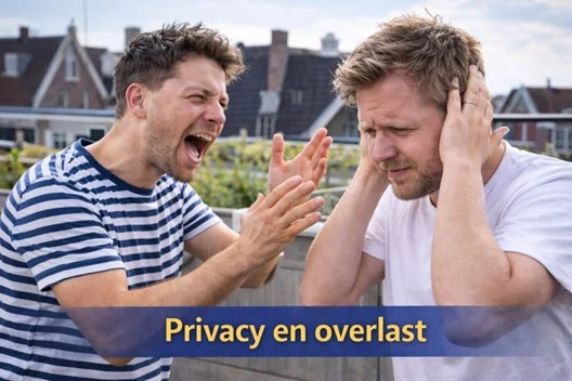 Twee bewoners op een dak in discussie over privacy en geluidsoverlast.