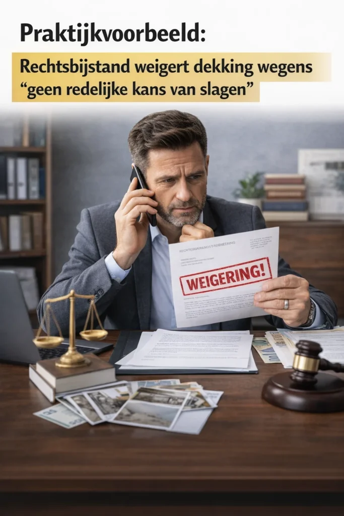 Verzekerde ontvangt afwijzing van rechtsbijstandverzekering wegens geen redelijke kans van slagen en overweegt inzet van de geschillenregeling.